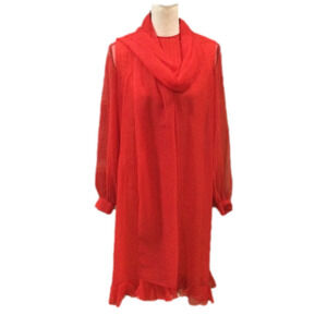 𝅺Vintage 1960s Adele Simpson Red Silk Chiffon Dress with Scarf, Size Small